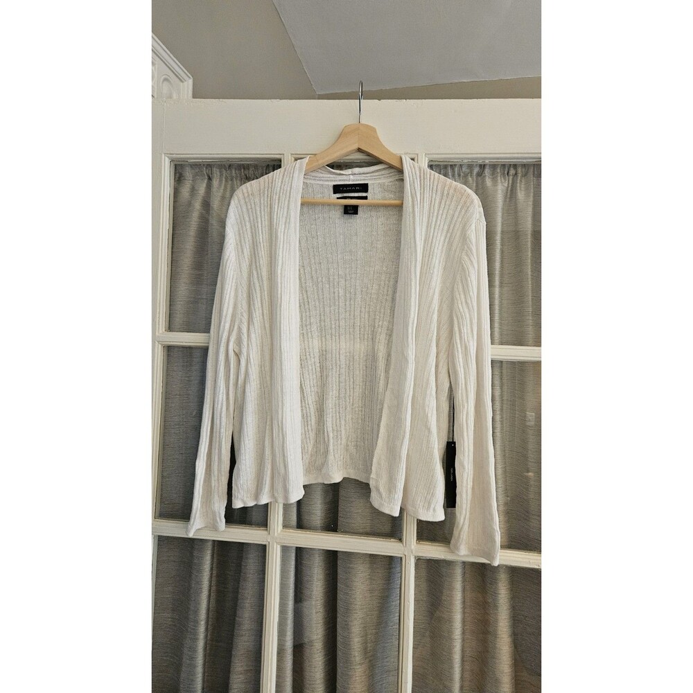 Tahari 100% Linen White Ribbed Open Front Cardigan Sweater XL Lightweight